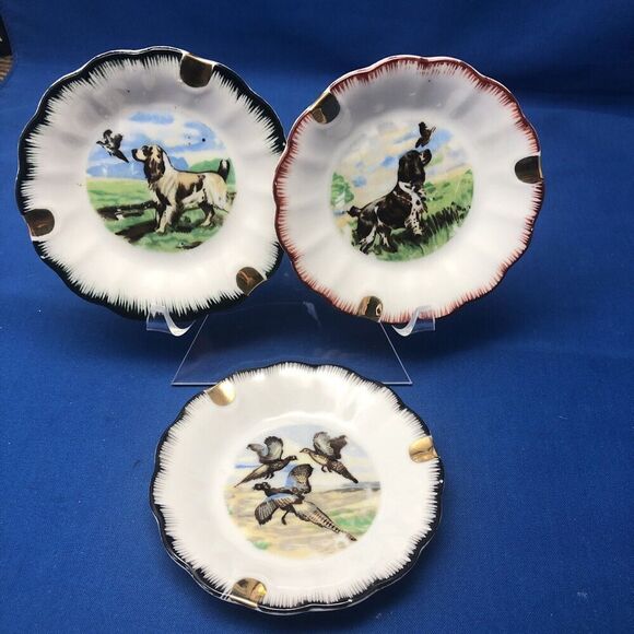 Pheasant Dog Ashtray 4” Set Of 3 Vintage - Picture 1 of 7
